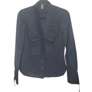 BCBG Max Azria | 100% Cotton Long Sleeve Ruffle Button Down Top | Black | 6